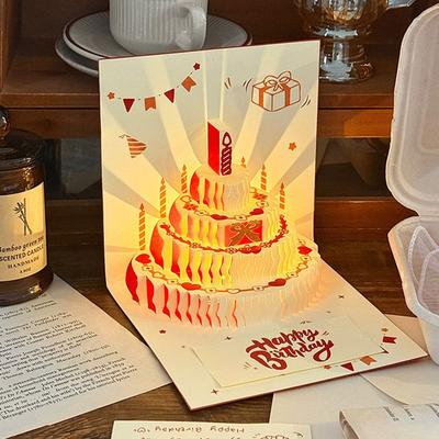 3D Happy Birthday Card Music Light with Envelope Musical Light Greeting Card Four-Layer Birthday Cake Pop Up Gift Card