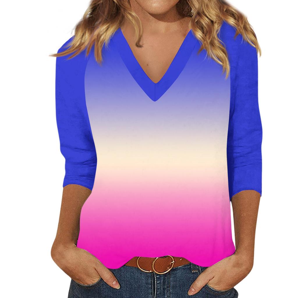Women'S Casual And Fashionable Patchwork V-Neck Top With Seven Quarter Sleeves Top Women'S Summer Clothes Top Mujer