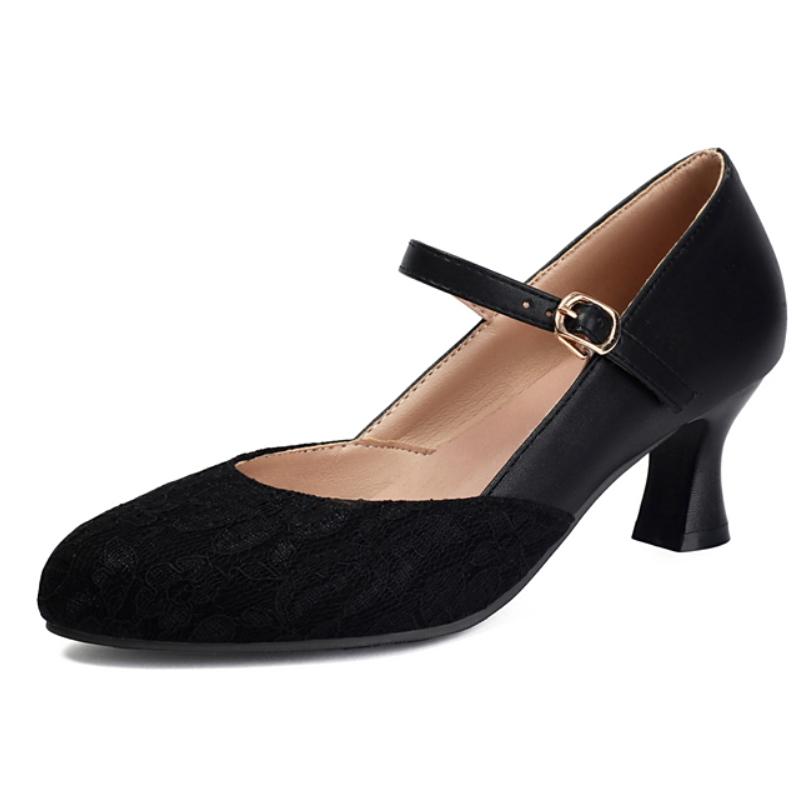 

Женские туфли на каблуке Мэри Джейн 2025 Весенняя мода На низком каблуке Кружевные Вечерние Офисные туфли Женские туфли-лодочки Большой размер 45 48 39 чёрный