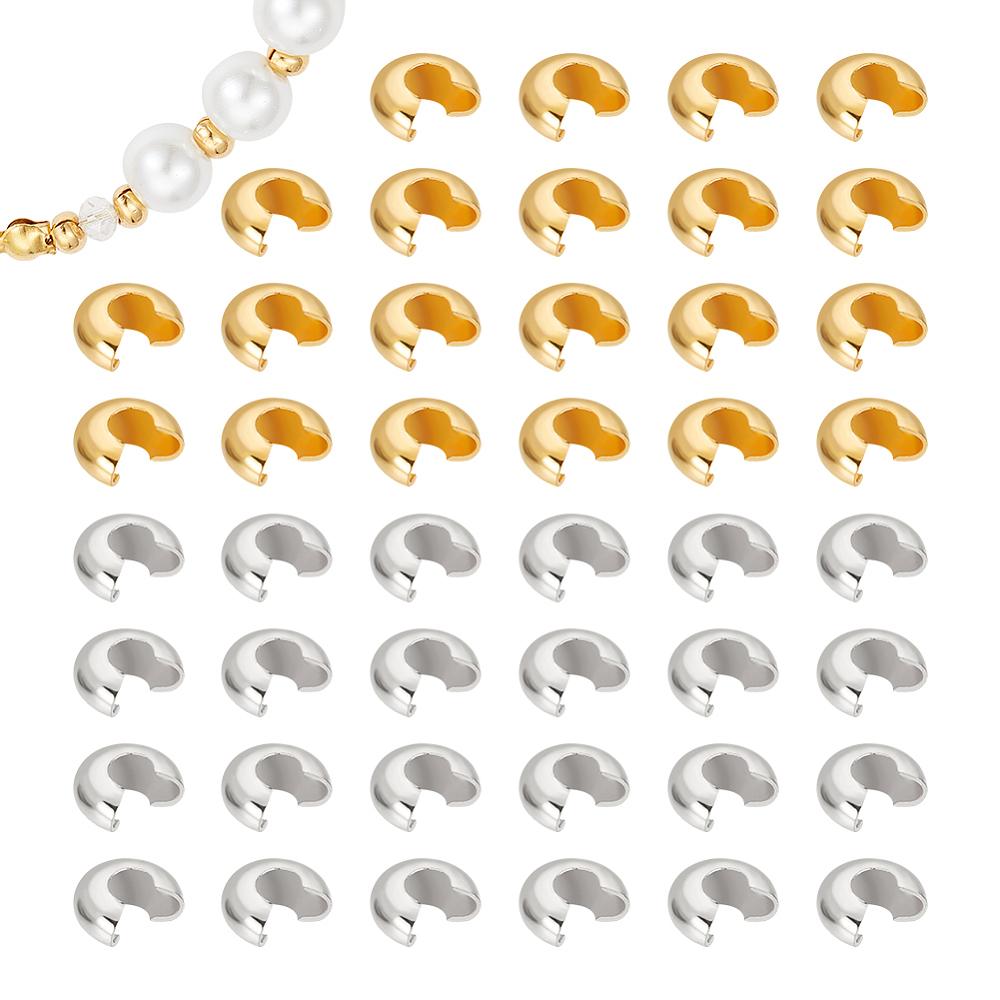 100Pcs 2 Colors 304 Stainless Steel Crimp Beads Covers, Golden & Stainless Steel Color, 4.5mm, Hole: 2mm, 50pcs/color