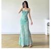 Women's Summer Temperament Waist Seaside Temperament Printed Mesh Suspender Dress Fake Hip Wrap Fish Tail Long Skirt