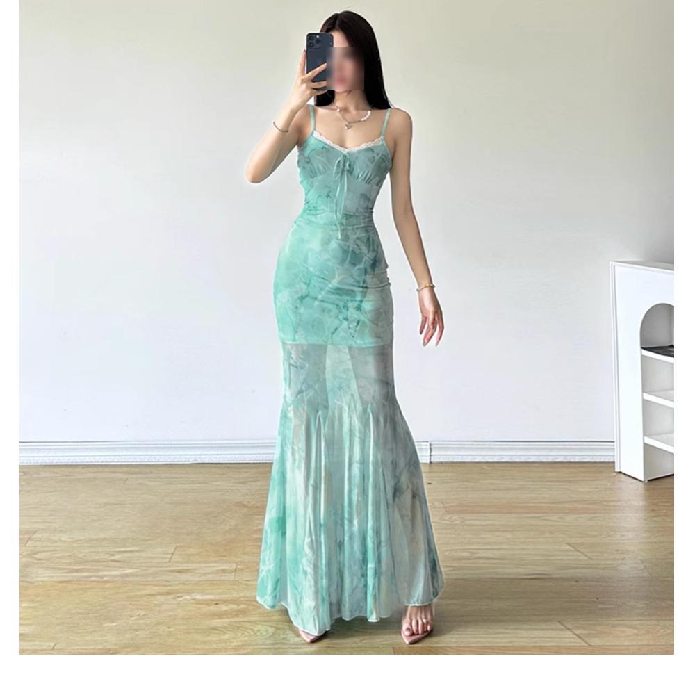 Women's Summer Temperament Waist Seaside Temperament Printed Mesh Suspender Dress Fake Hip Wrap Fish Tail Long Skirt