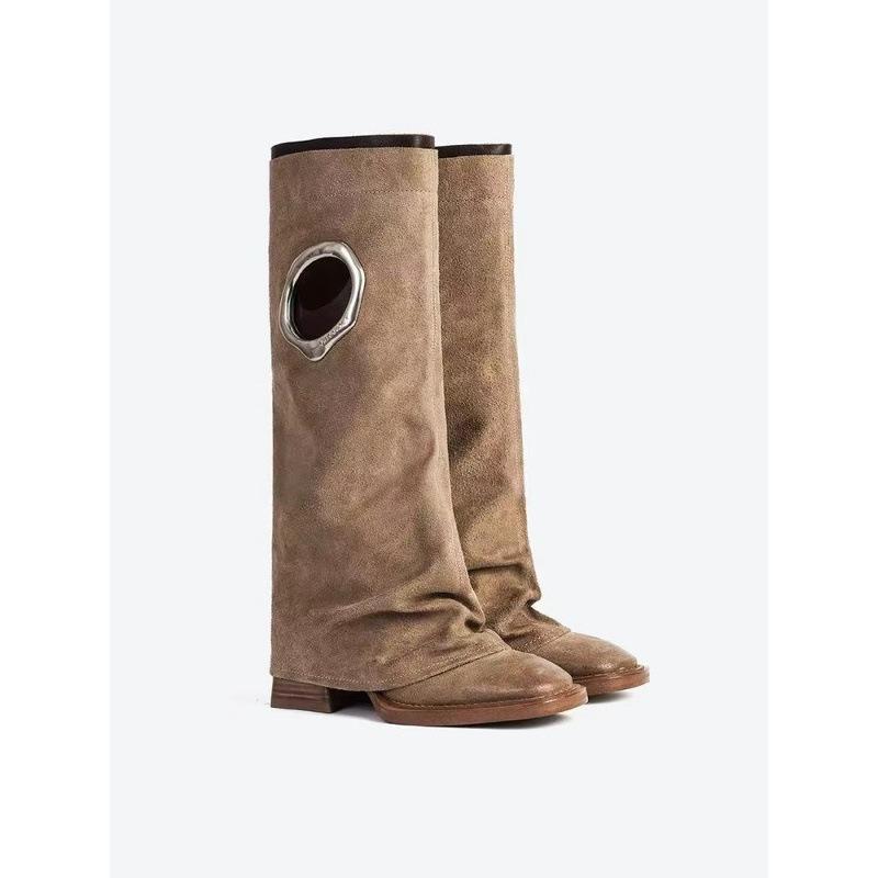 Meng Ziyi's Same Retro Square-headed Western Cowboy Boots Versatile Thick-heeled Trouser Tube Boots Niche Design Thin Boots