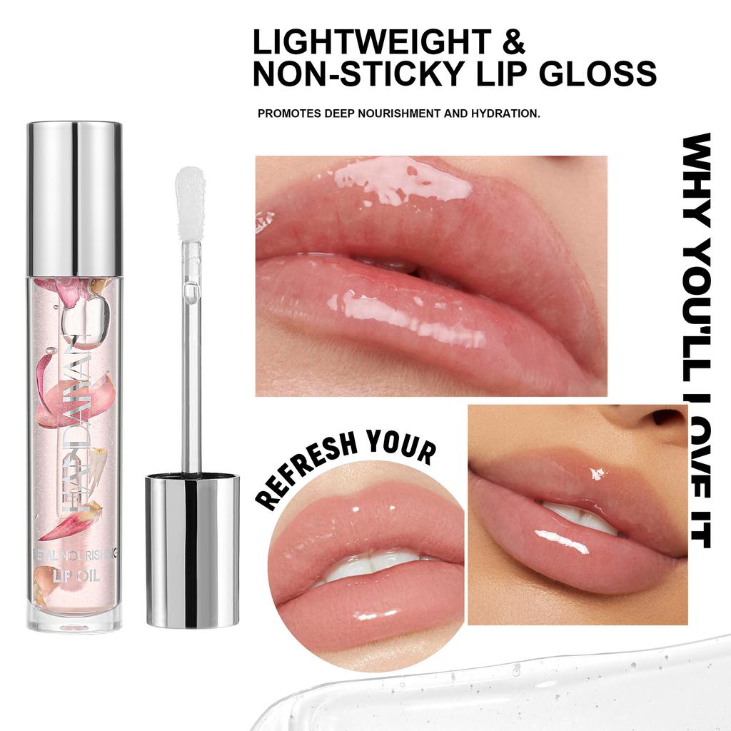 2pcs Nourishing Lip Oil Set, Transparent Dried Flower Clear Lip Gloss, Hydrating Plumping Glossy Tint, Moisturizing Shimmer Lip Care Makeup for Women