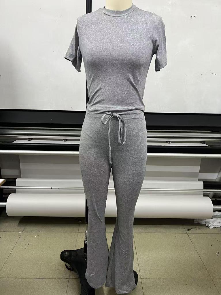 2025 Women's European & American Solid Color Round Neck Casual Fashion Set - Short Sleeve Top & Long Pants for Spring/Summer