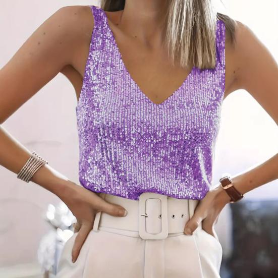 Women Tops Deep V-Neck Sparkling Sequins Design Sleeveless Vest Loose Fit Party Camisole Nightclub Wear