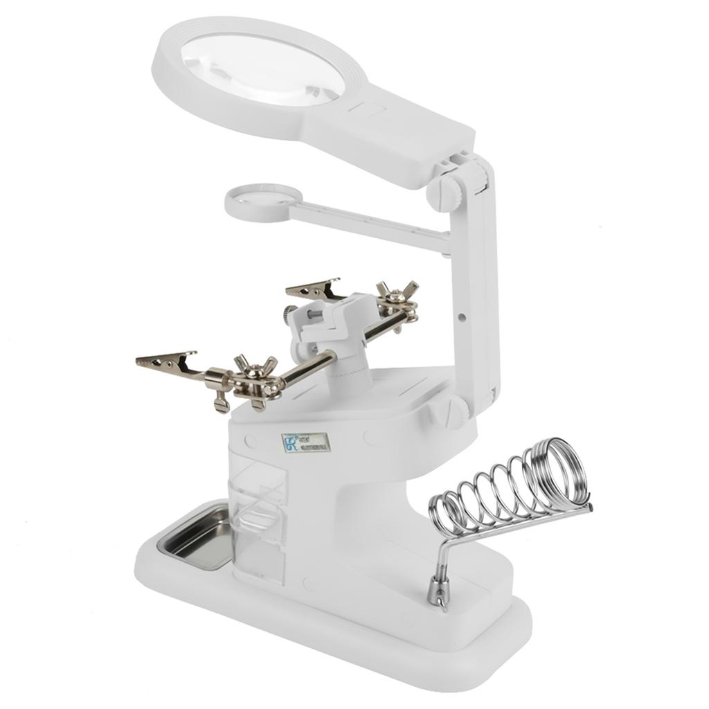 USB Electric Soldering Iron Workstation with 3X 4.5X 25X Loupe LED Lights Board Clips (White)