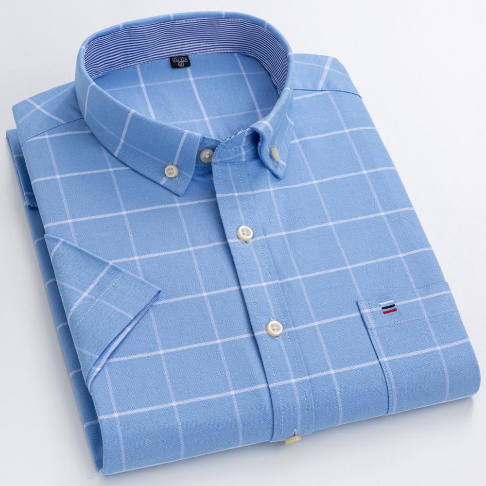 Herren 100% Baumwolle Mehrfarbig Kariert Oxford Hemden Kurzarm Regular Fit Kragen Freizeit Button-Down-Hemd mit Tasche
