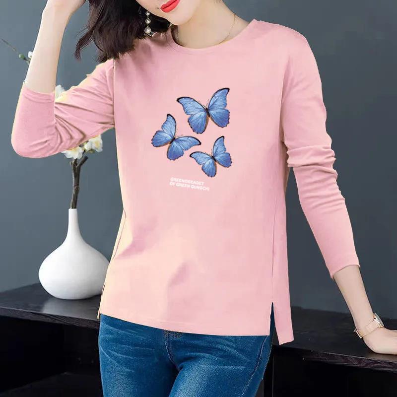 Three Butterfly Print T-shirt Women Cotton Pullover Long Sleeve Bottoming Shirt Casual Split Shirt Spring