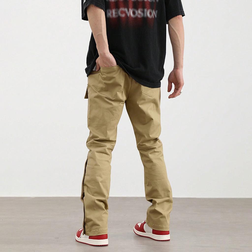 Men's Solid Color Retro Straight Wide Leg Trousers Men's Casual Fashion Multi Pocket Trousers