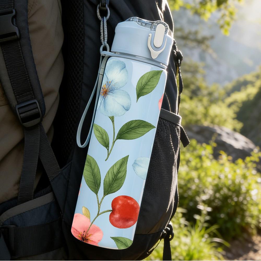 1PC Spring Wild Flower Pattern 750ml Color Plastic Sports Water Bottle Leakproof Flip Straw Lid Suitable for Sports Office Home Use