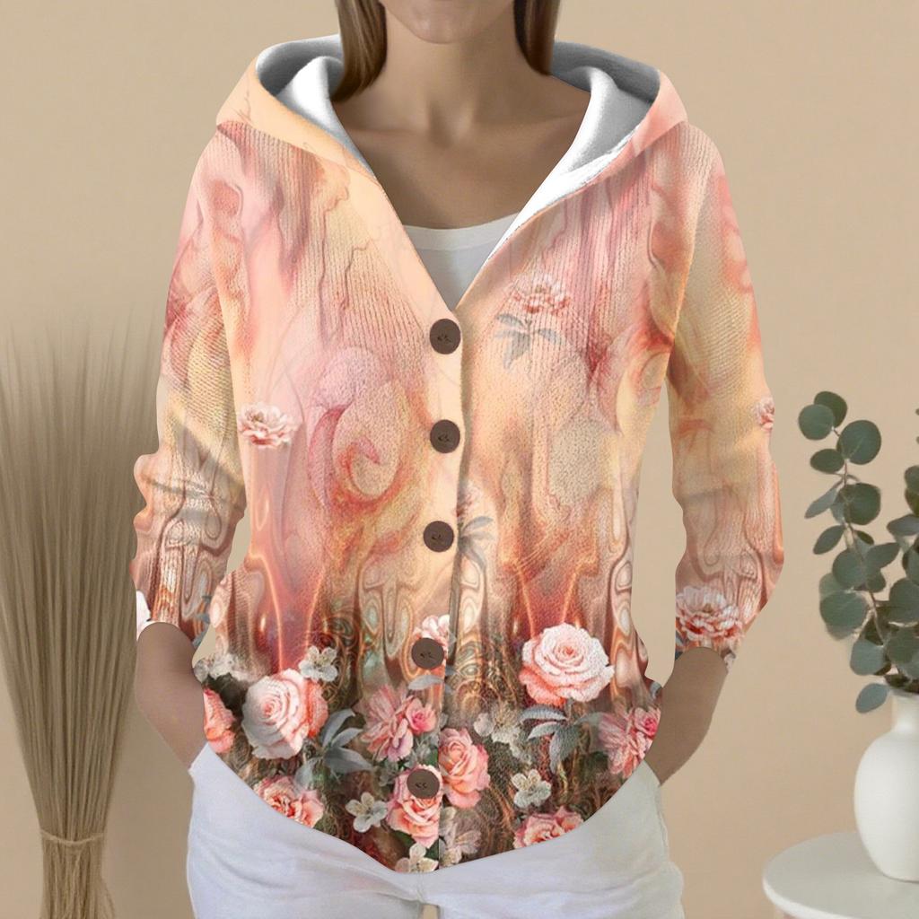 Women's Fashion Casual Sweater Button-Up Print Cardigan  Hooded Jacket