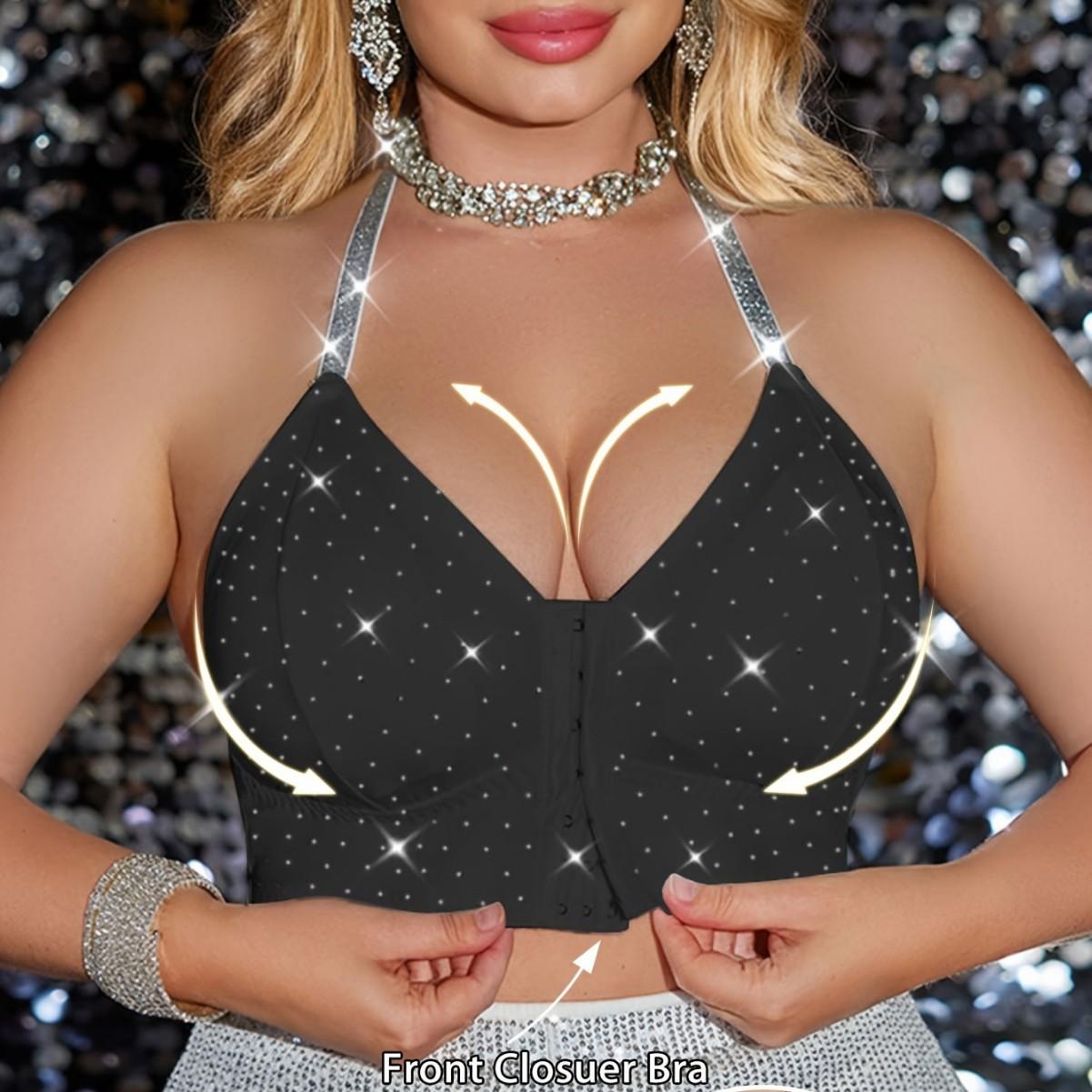 

Модный и удобный бриллиантовый бюстгальтер-халтер без косточек с передней застежкой и нижнее белье большого размера в горошек 3XL чёрный