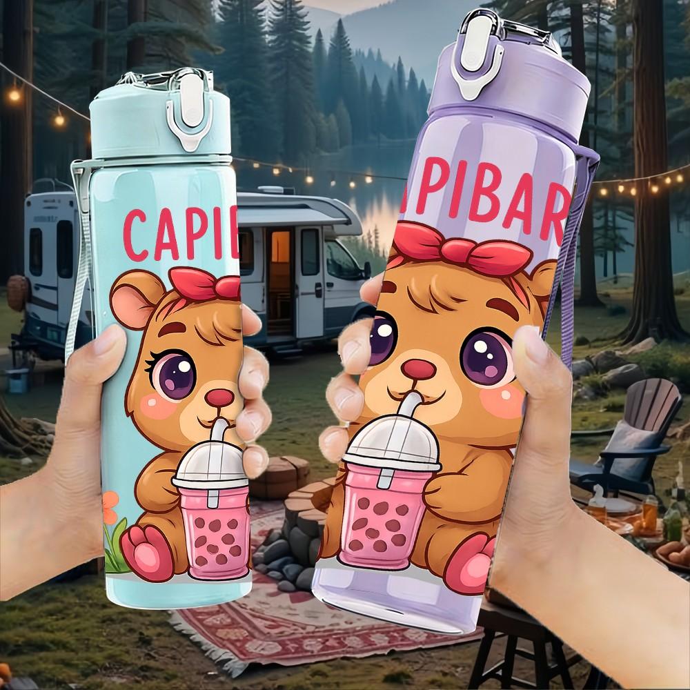 1PC Cute Capybara Drink Coffee Pattern 750ml Color Plastic Sports Water Bottle Leakproof Flip Straw Lid Suitable for Sports Office Home Use