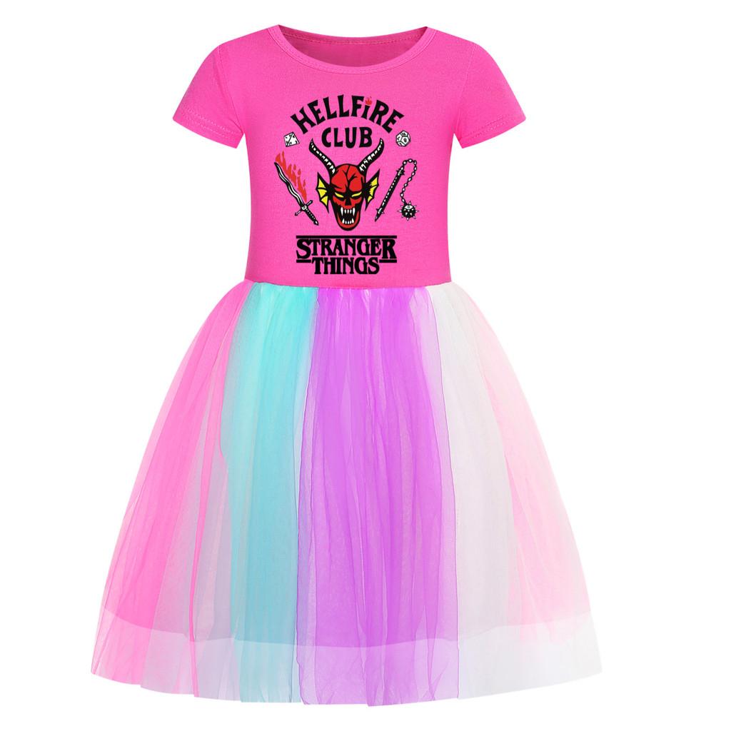 5253 Kids Girls Stranger Print Mesh Rainbow Round Neck Casual Casual Cotton Dress