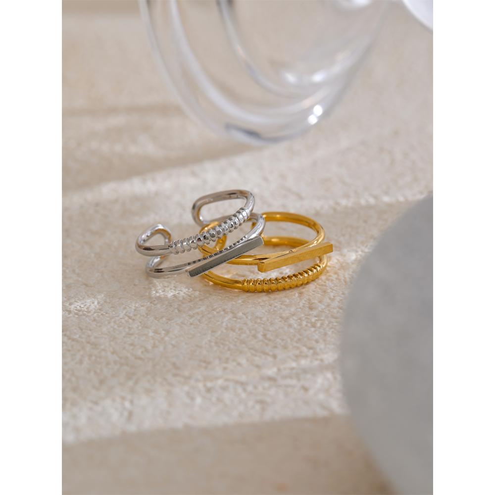 Yhpup Stylish Unique Stainless Steel Double Layer Geometric Open Ring Fashion Jewelry