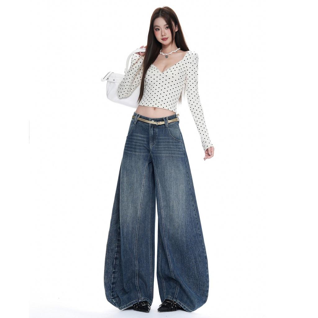 Retro Blue Bamboo Pattern Segmentation and Splicing Design Sense Scimitar Jeans Women's Early Autumn New Casual Wide-leg Pants