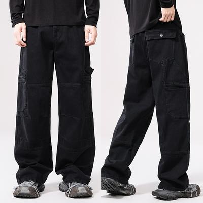 American Street Hip-hop Black Jeans Men's Loose Design Wide-leg Trousers