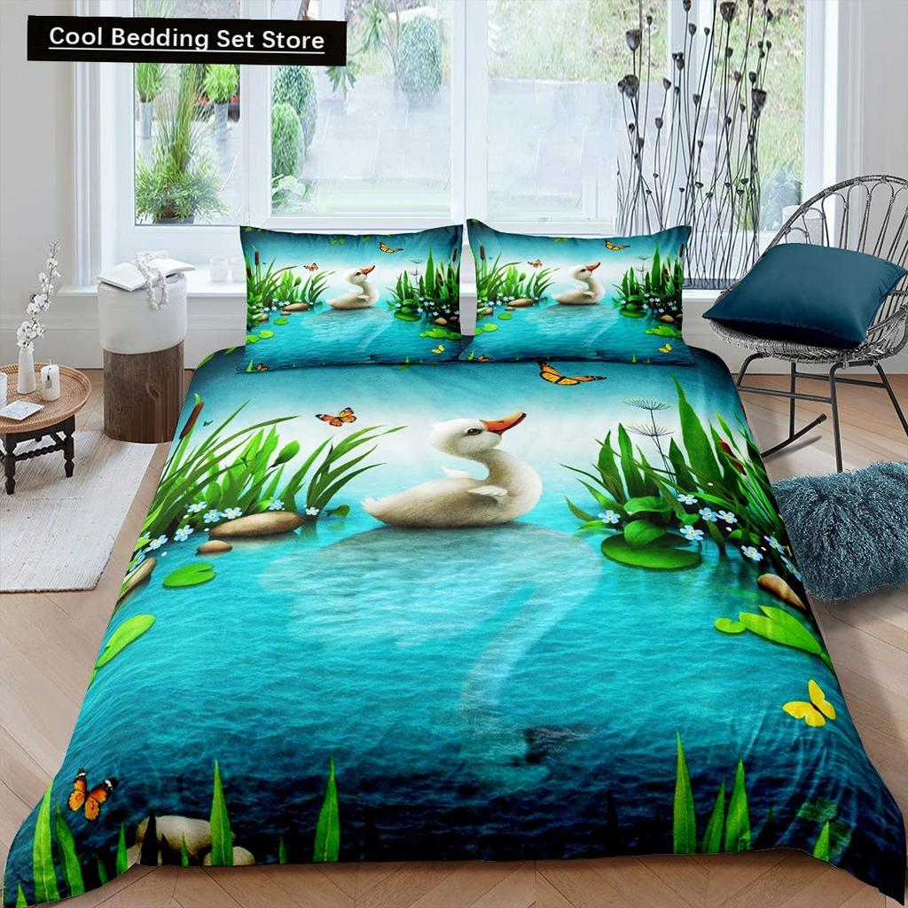 Cartoon Yellow Duck King Queen Duvet Cover Farm Lovely Animal Bedding Set Blue Bubble Quilt Cover Soft Polyester Comforter Cover