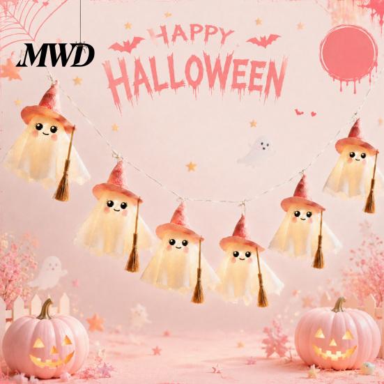 Spooky But Sweet Festival Props LED Ghost String Lights for Halloween Decorations, Cute Hanging Gauze Lamps Indoor Outdoor Decorations with Warm White