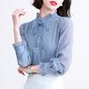 Spring Autumn Elegant Stand Collar Shirt Stylish Drawstring Bow Female Clothing Korean Solid Color Chic Pearl Button Blouse