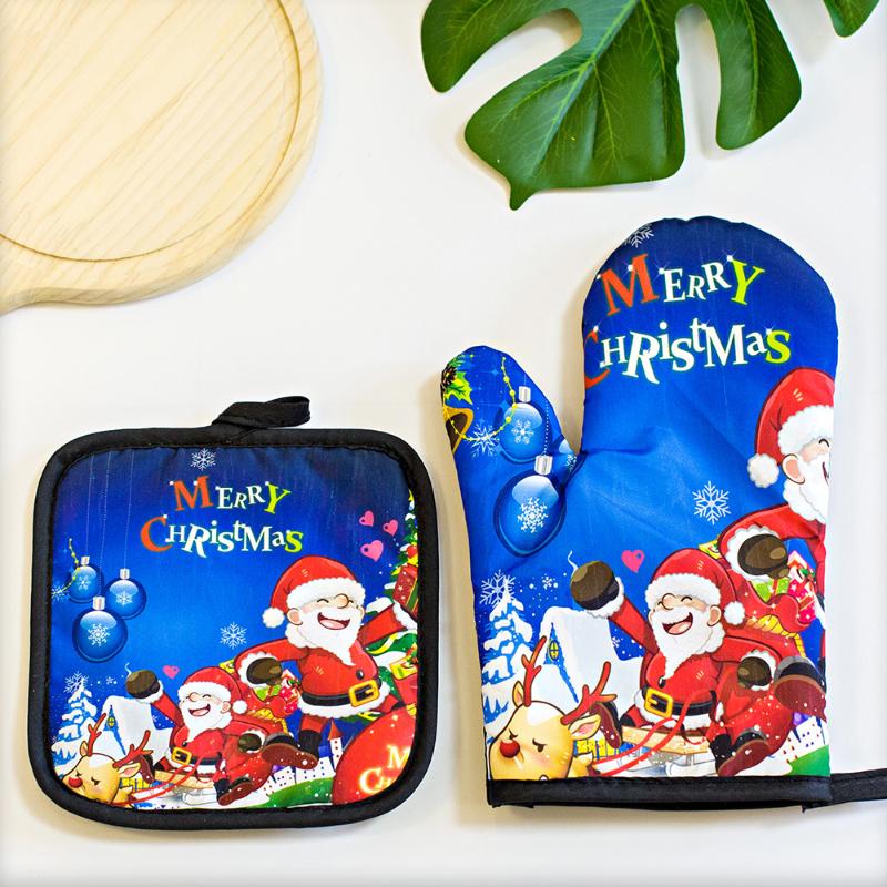 Christmas Oven Gloves Santa Claus Snowman Bell Pattern Insulated Gloves Decorative Gift Home Kitchen Christmas Decoration