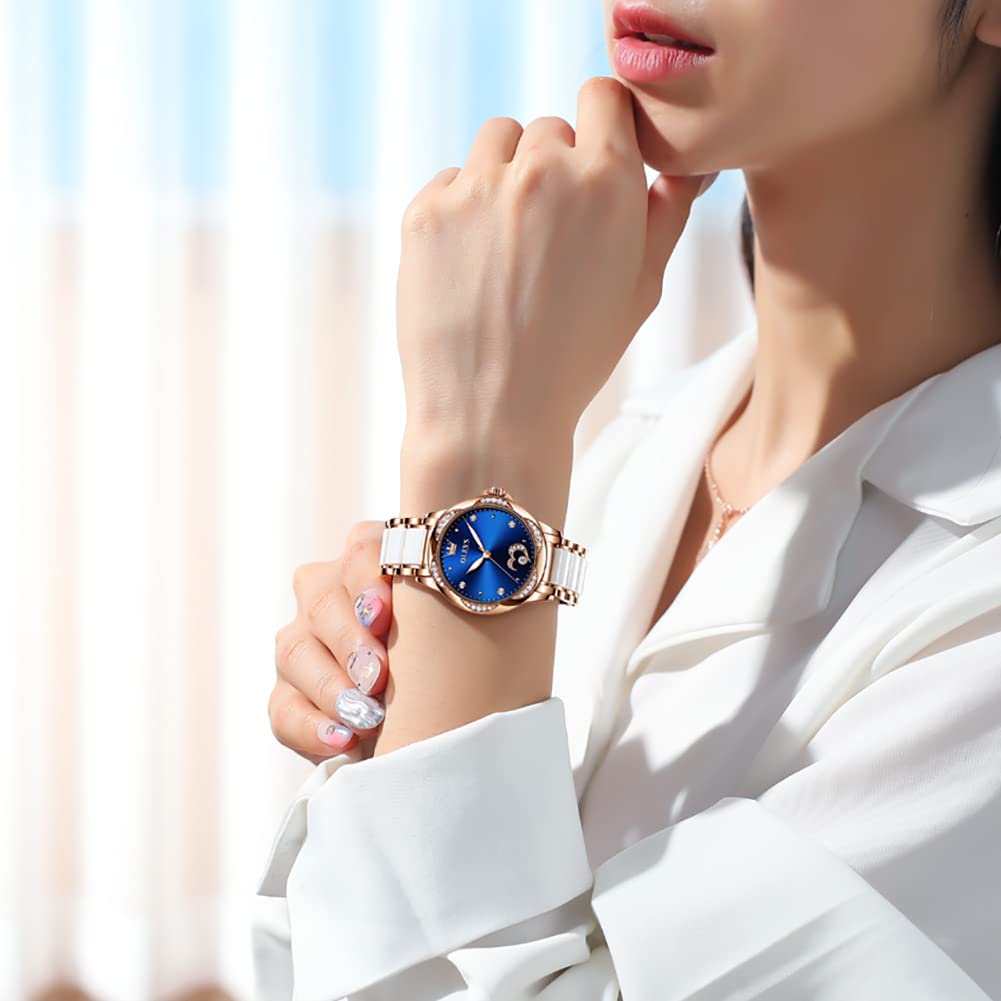 OLEVS Stylish Mechanical Wristwatch with Ceramic and Rose Gold Date Luminous Blue Women's Band, Crystals, Easy-to-Read Dial, Display, Waterproof,