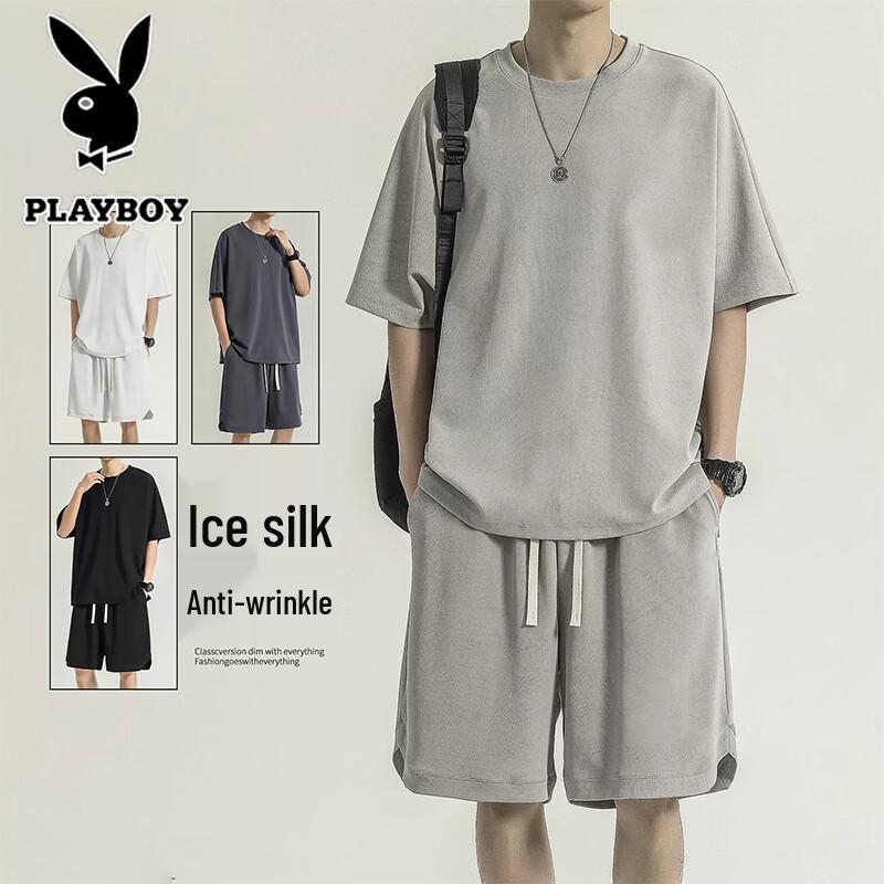 PLAYBOY Men's Ice Silk Short Sleeve T-shirt & Shorts Set