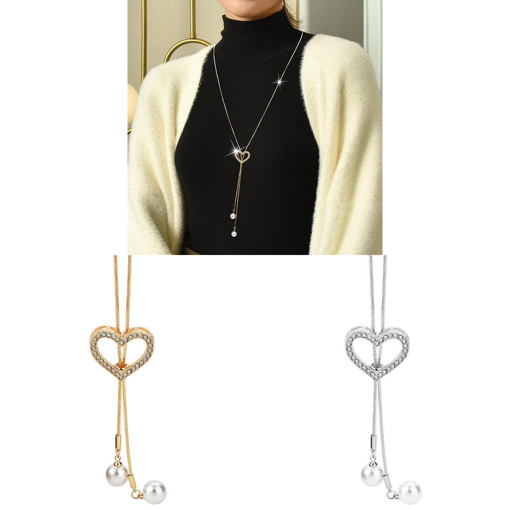 Love Heart Pearl Tassel Long Necklace With Crystals For Women Autumn Winter Fashion Accessory