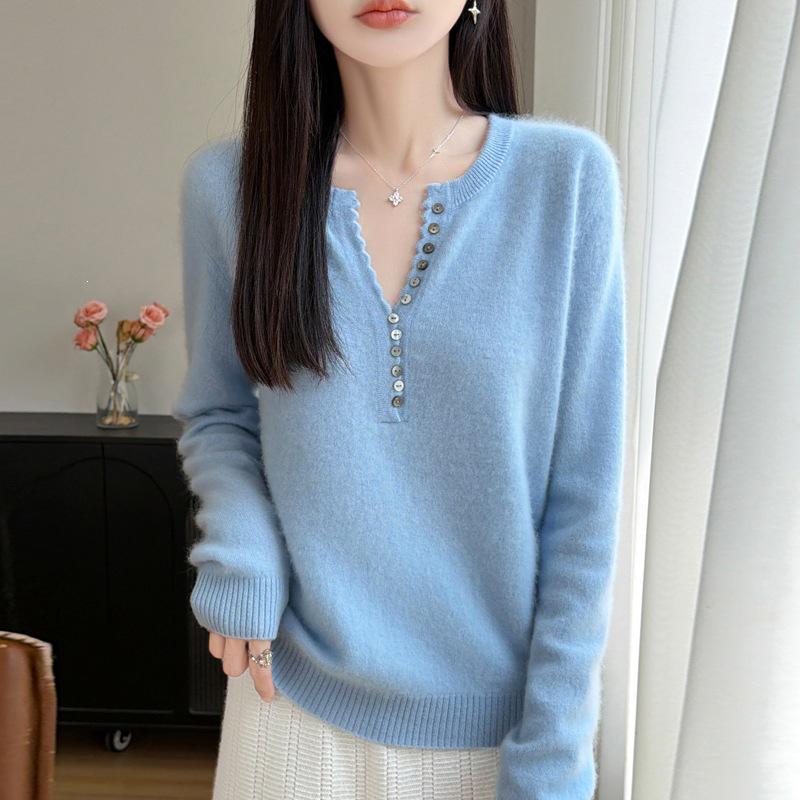 Autumn/Winter Women's Pure Wool V-neck Long Sleeve Multi-button Loose Sweater