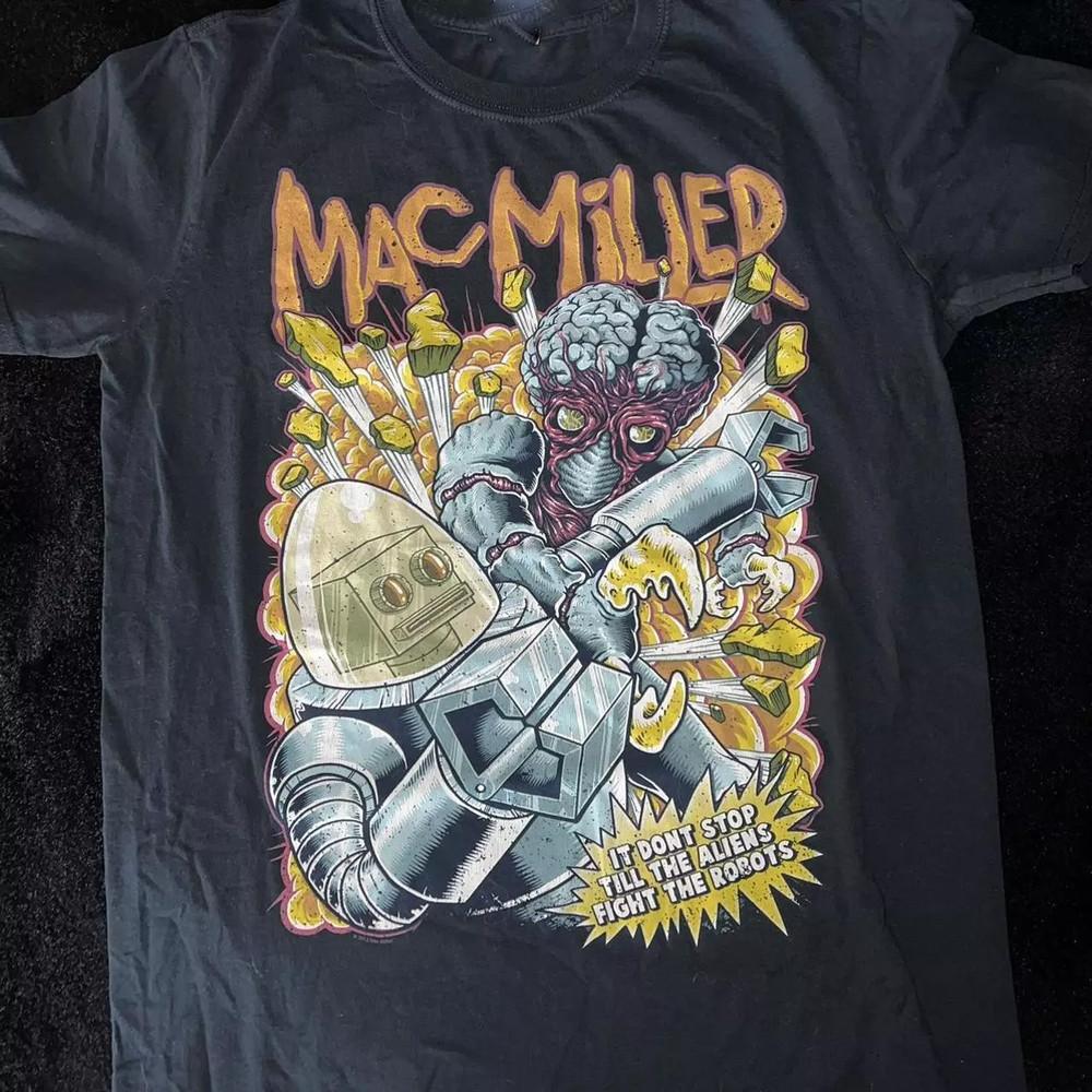 RARE Mac Miller Aliens Fighting Robots Macadelic Tour black T shirt Unisex T-Shirt XXL