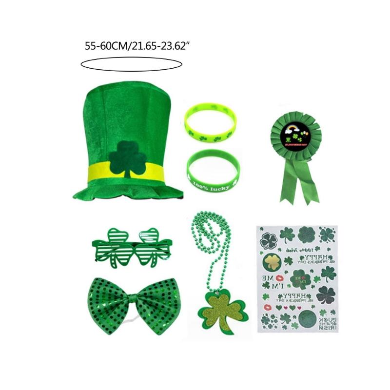 St Patrick Day Green Costume Accessories Shamrock Hat Wristband Irish National Day Celebration Party Props Supply 8PCS