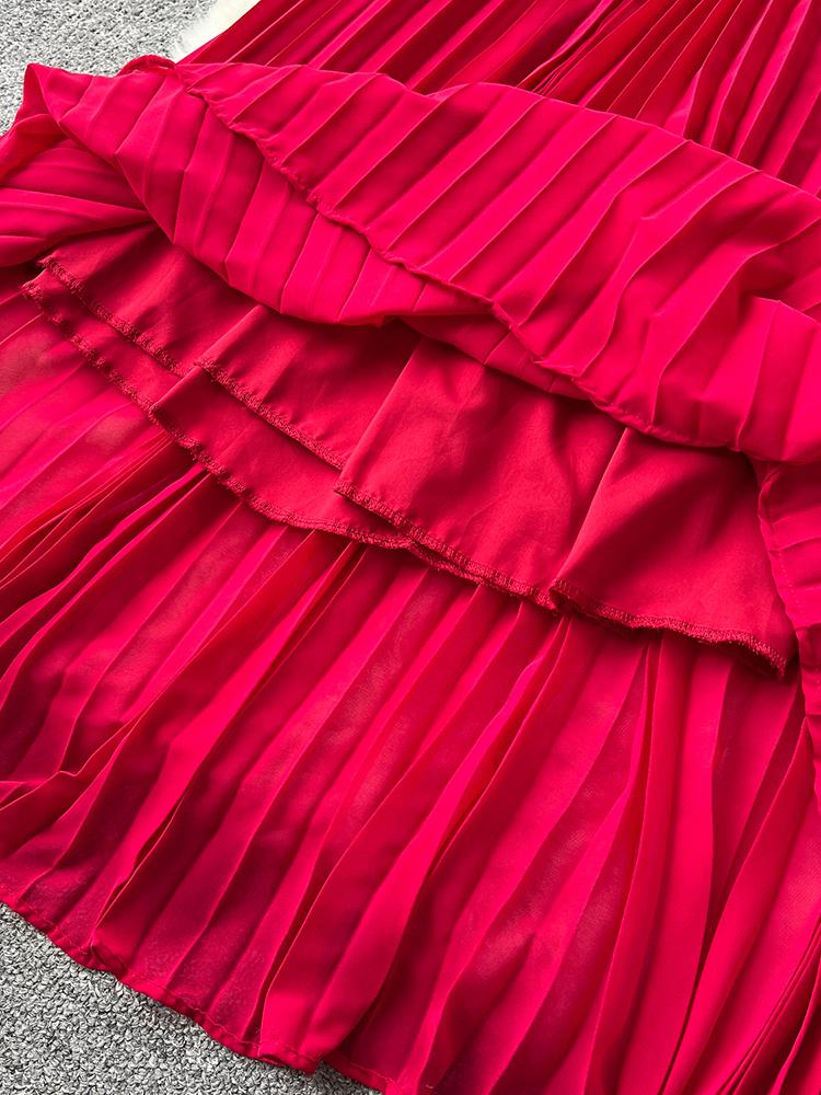 Vestido Elegante de Moda Primavera Outono para Mulheres Novo Francês Borda Cogumelo Crimpado Solto Chiffon Manga Longa Vestido Longo