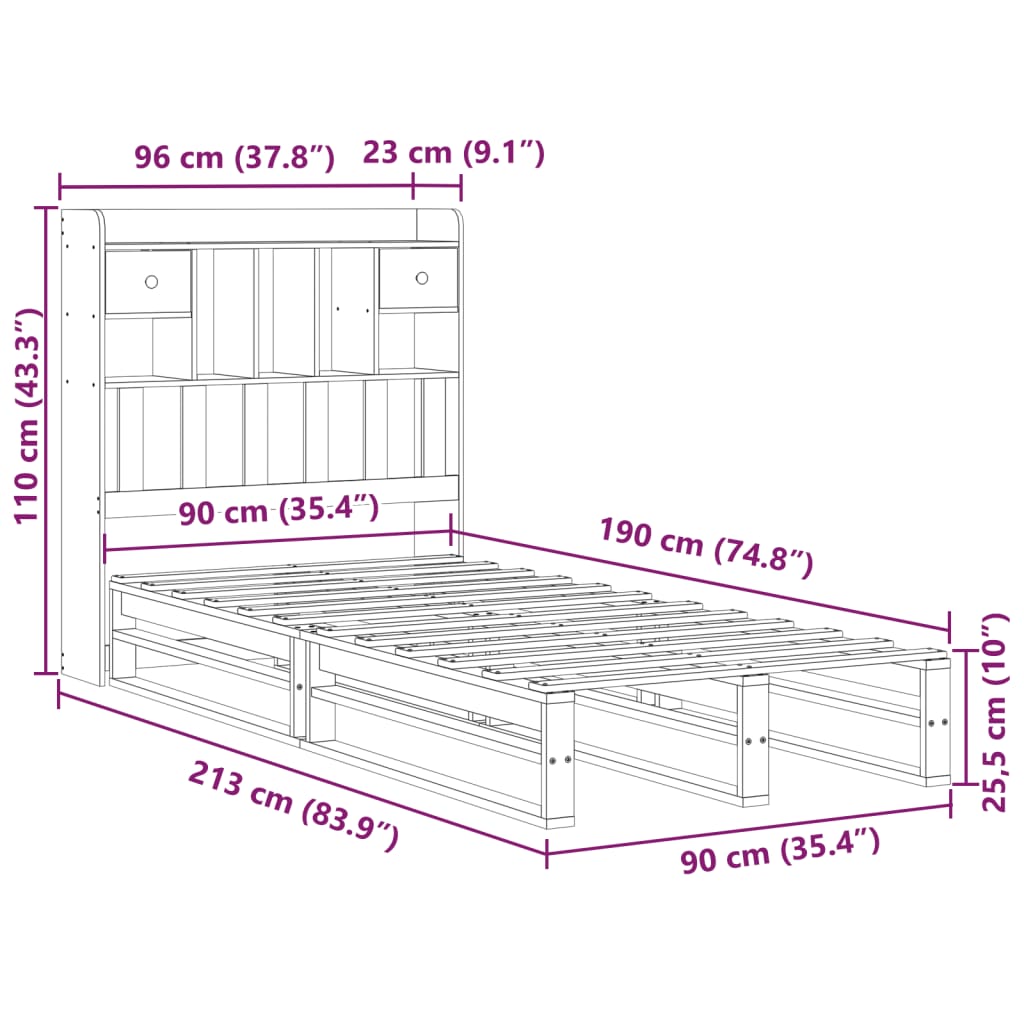 Solid Wood Bed with Shelf Without Mattress 90 X 190 Cm Pine