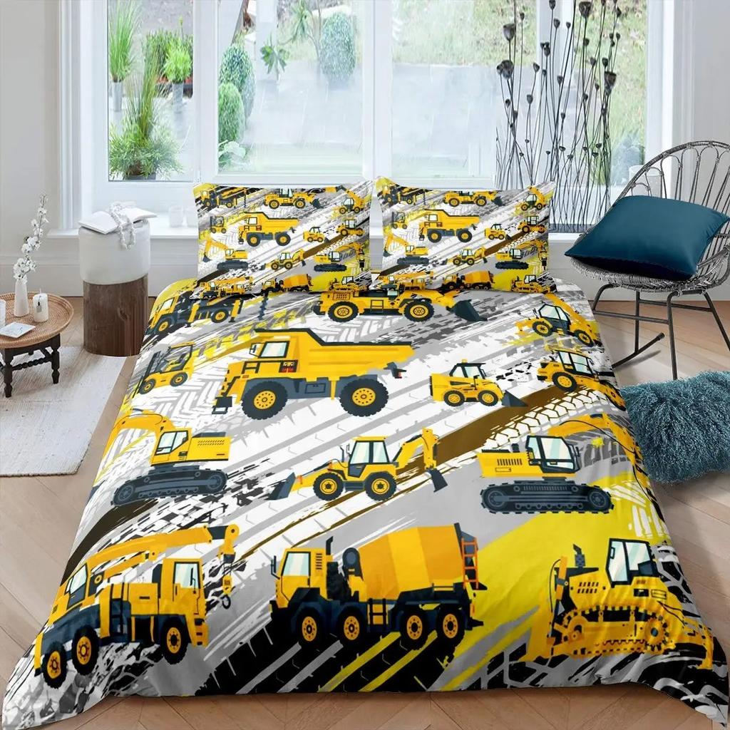Excavator King Queen Duvet Cover Cartoon Construction Truck Bedding Set for Kids Boys Girls Tractor 2/3pcs Polyester Quilt Cover