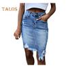 Women Summer Denim Skirt High Waist Button Zipper Fly Mini Skirt Ripped Holes Irregular Hem Hip Wrapped Skirt Streetwear