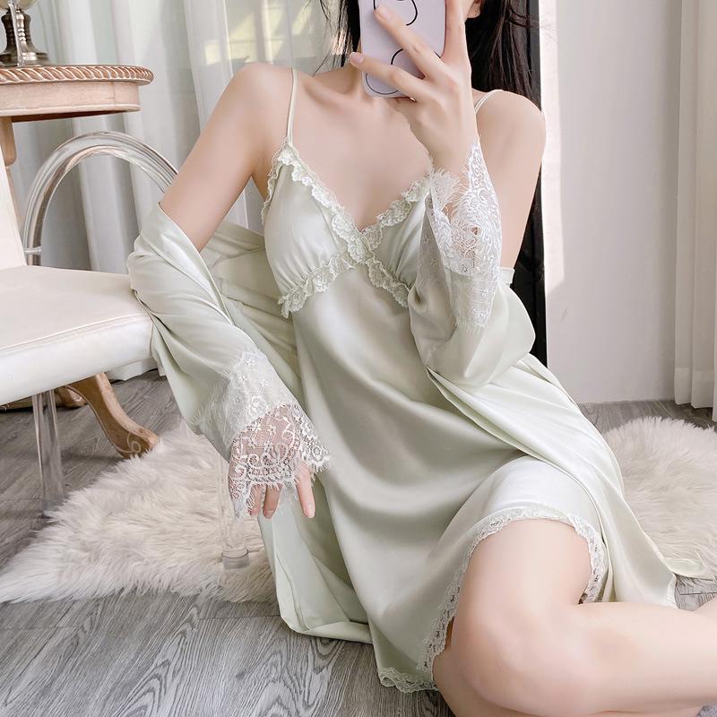 Summer Ice Silk Sexy Nightgown Set - Women’s Thin Suspender Dress with Beautiful Back Design