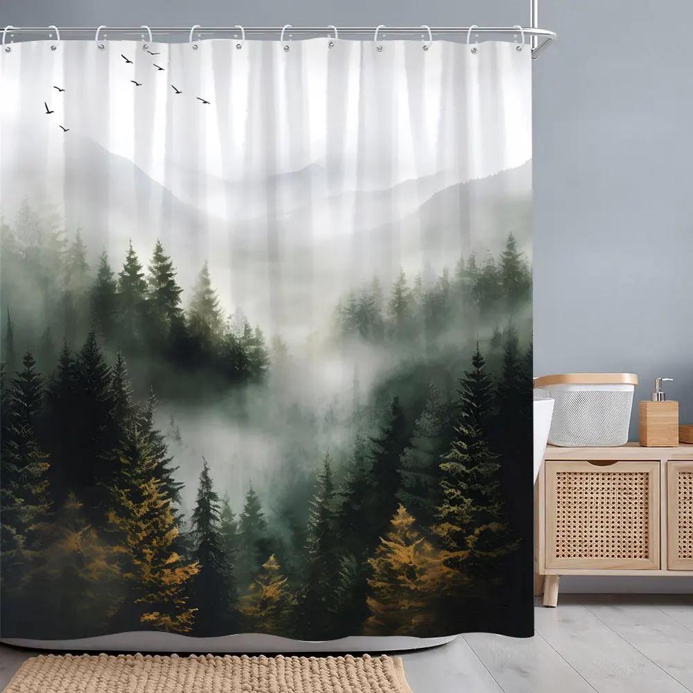 Misty Forest Shower Curtain Woods Birds Watercolour Art Creative Polyester Fabric Shower Curtains Bathroom Decoration With Hooks