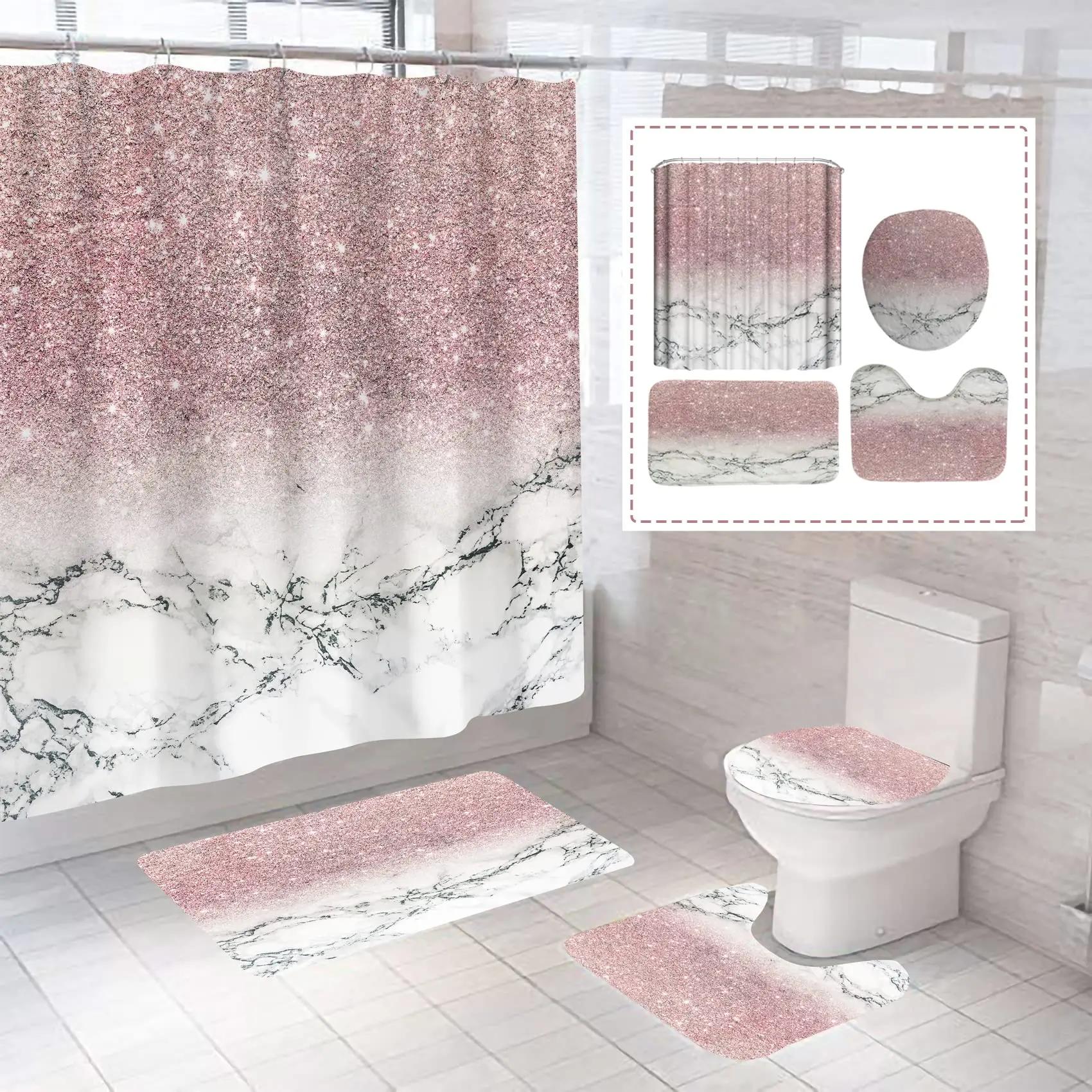 Dunika Chen Pink Flash Marble Shower Curtains Shiny Decor For Bathroom Polyester Fabric Decorative Bath Screen Toilet Cover Carpet Wc Sets