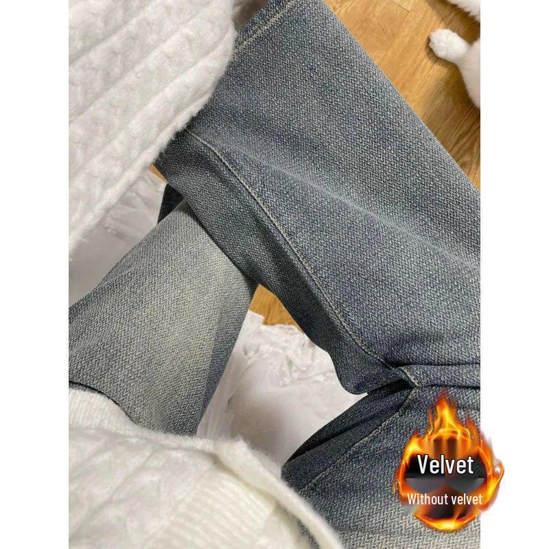 Women's Retro Wide-Leg Velvet High-Waisted Jeans - Plus Size, Autumn/Winter, Slimming Wheat Ear Straight-Leg, Floor-Length Pants.