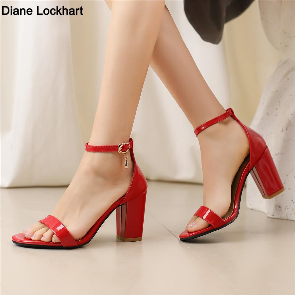 Fashion Women High heels Sexy Pumps Open Toe Patent leather Thick Heel Bridal Party Shoes Ladies Buckle Strap Gladiator Sandals Red Pink