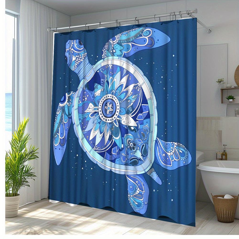 1pc Turtle Shower Curtain - Vibrant Ocean Design with Blue & White Turtle & Floral Patterns, Durable Polyester Fabric,