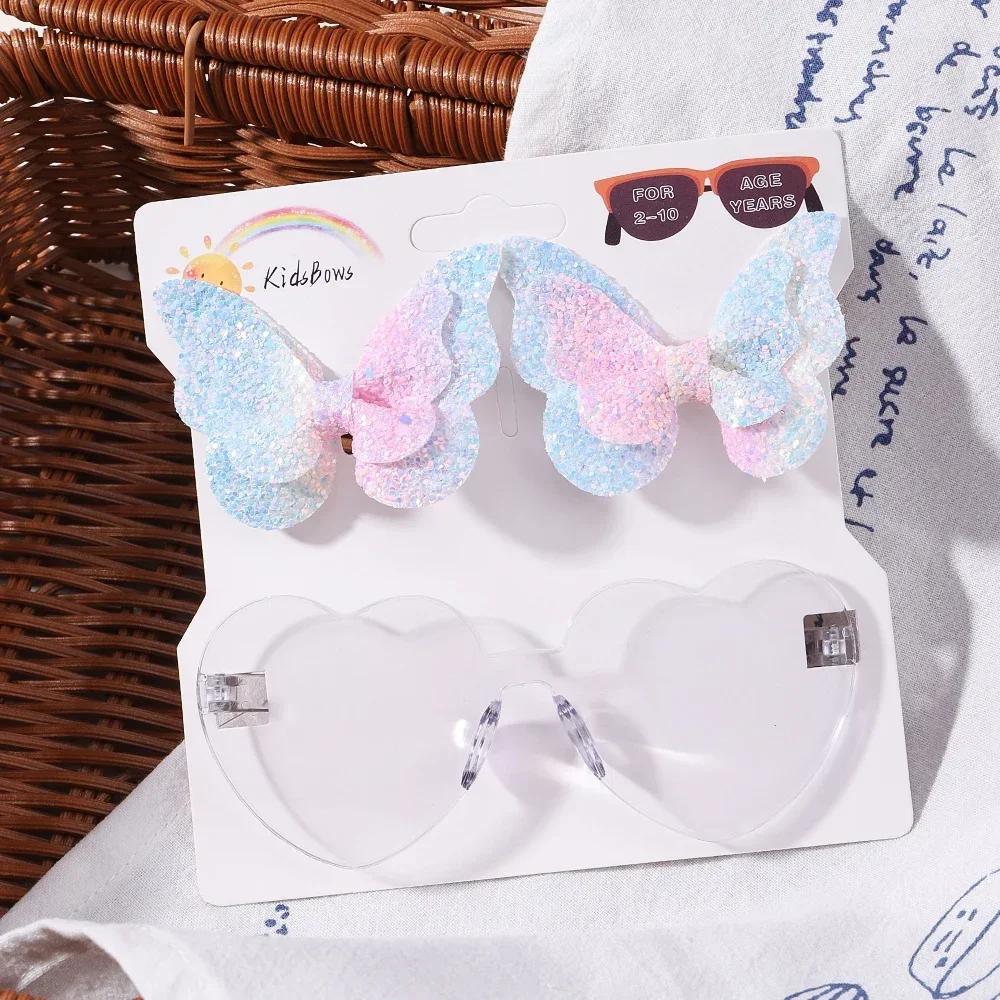 Lovely Sparkling Butterfly Hair Clip Hair Accessories Glasses Set Fashion Wave Point Kids Hairgripes Love Glasses Girls Headwear