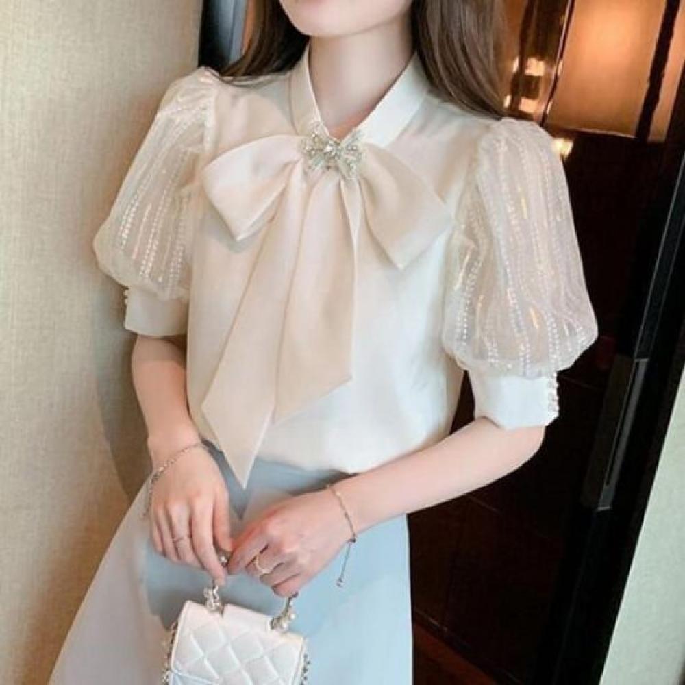 Navava Women Lovely Ribbon Neck Puff Short Sleeve Blouse Nb2700
