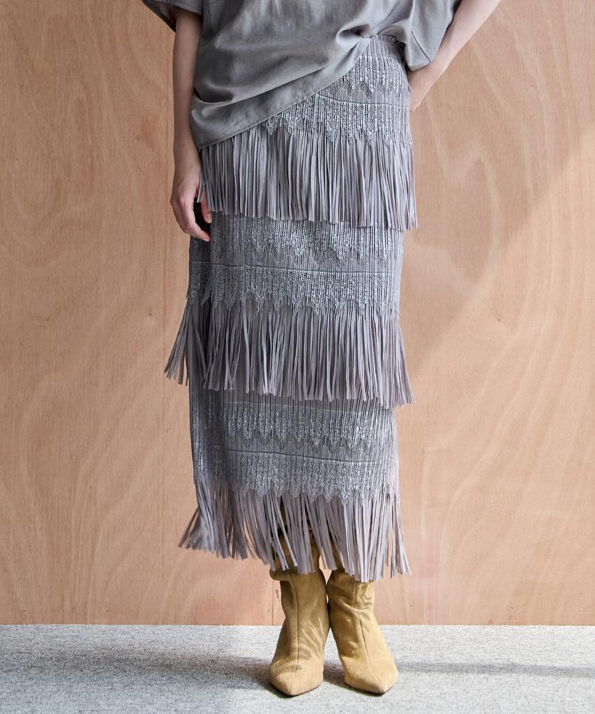 Maja Lace Fringe Tiered Elastic Long Skirt