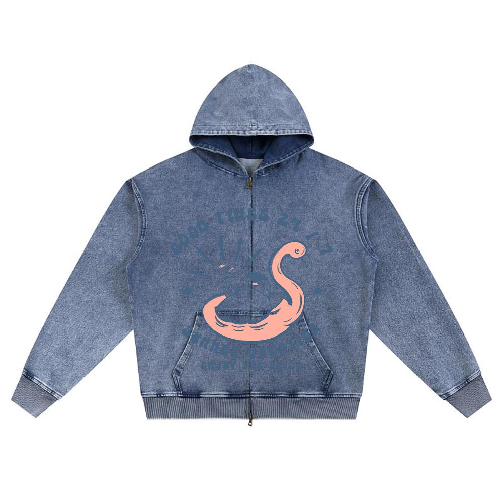 DTG-Druck Strick-Denim-Kapuzenpullover mit Reißverschluss, Vintage-Sommer 12 Brother Print Zipper Hoodies  