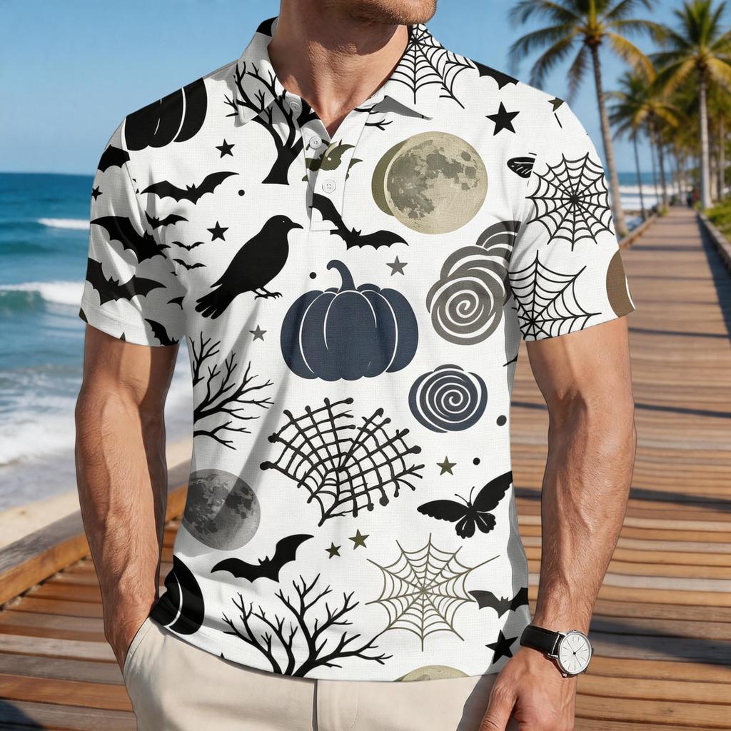 Men Halloween Print Casual Short Sleeve Shirt with Pumpkin Bat and Leaf Patterns Lightweight Button Down Top