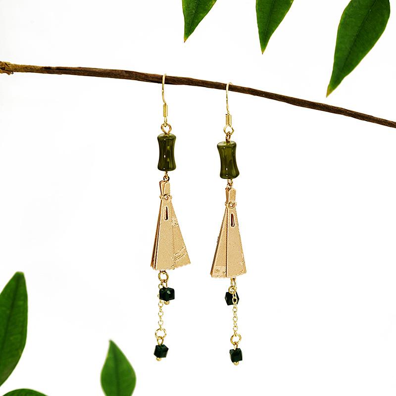 Fan Earrings, Guochao Folding Fringed Fan Stud Earrings, Micro-Carved Bamboo Fan Hanfu Earrings