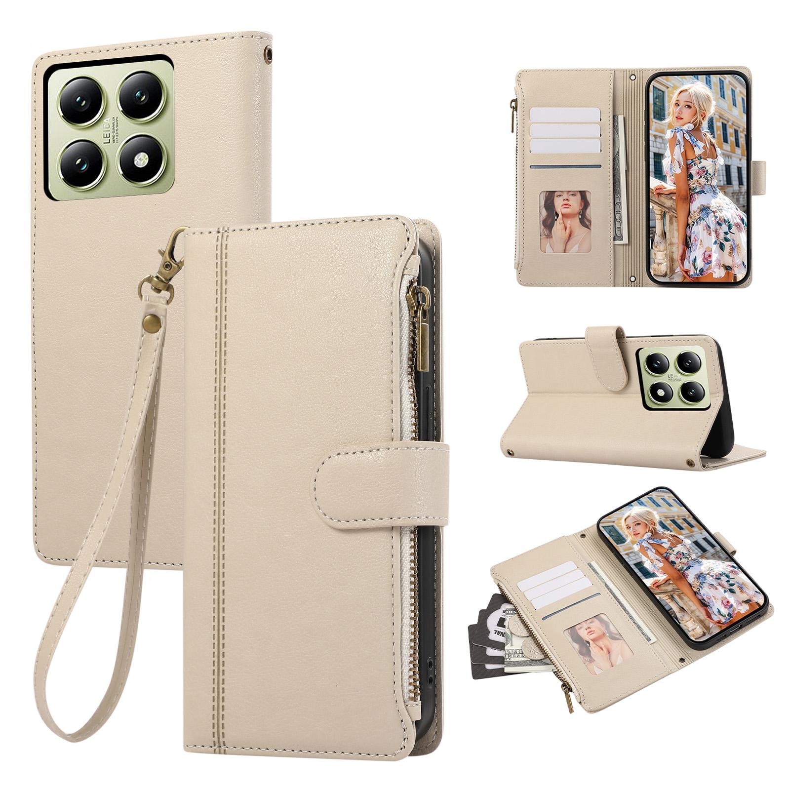 

For Xiaomi 14T Pro Case Multi Card Slots Zipper Leather Phone Cover with Wrist Strap Beige