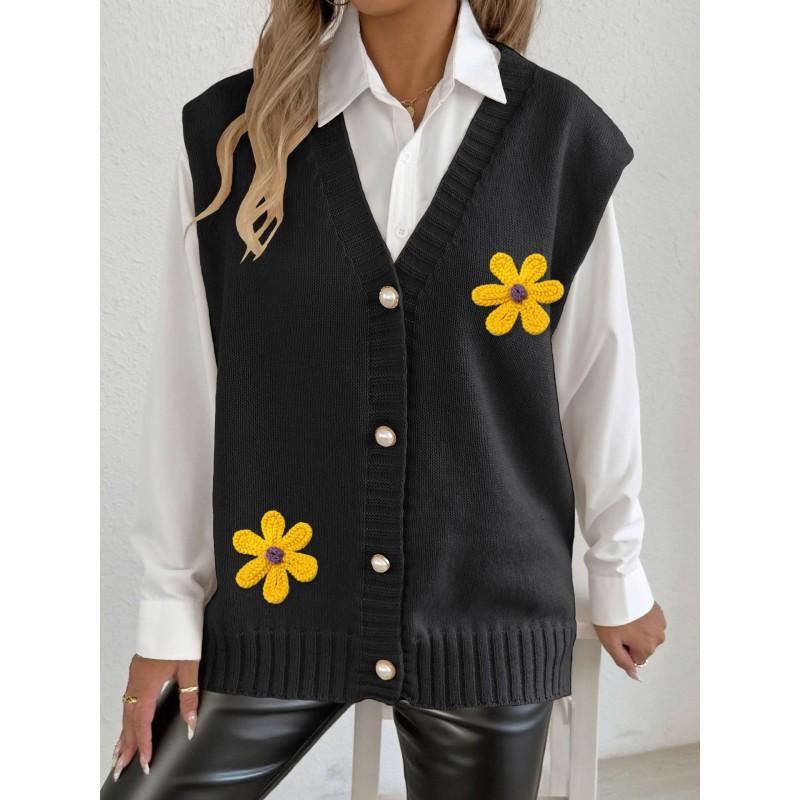 Womens Winter Knit Vest Loose V-Neck Open Front Cardigan With Pearl Buttons 3D Floral Embroidery